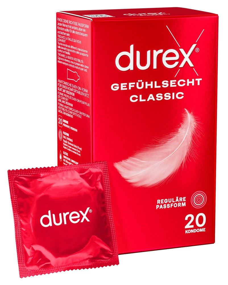 Durex Real Feel Classic condoms 10-pack box with individual foil wrapper shown