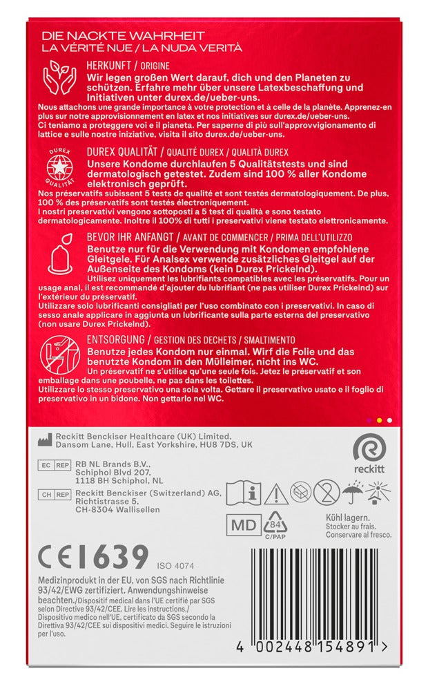 Durex Real Feel Classic condoms back packaging with product specifications and safety information"