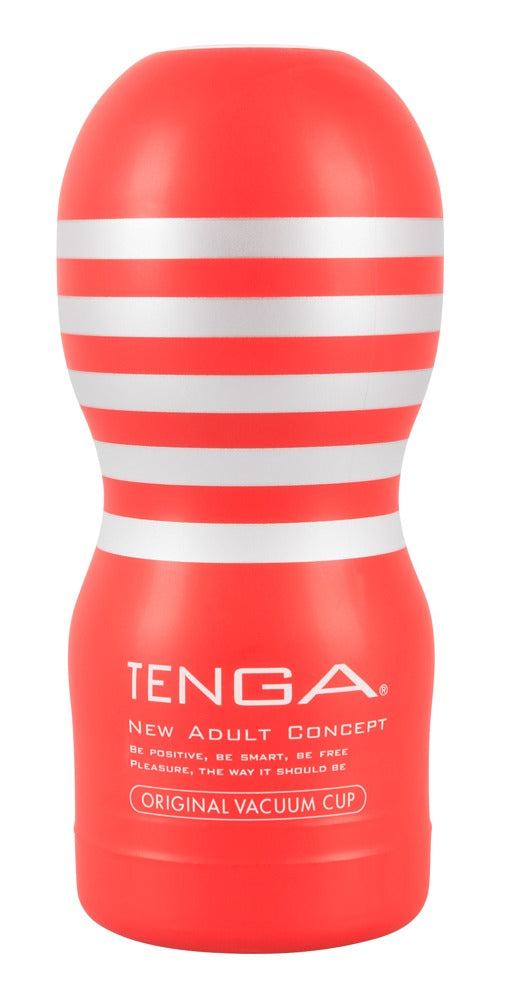 TENGA Original Vacuum Cup men's pleasure device packaging in white and red