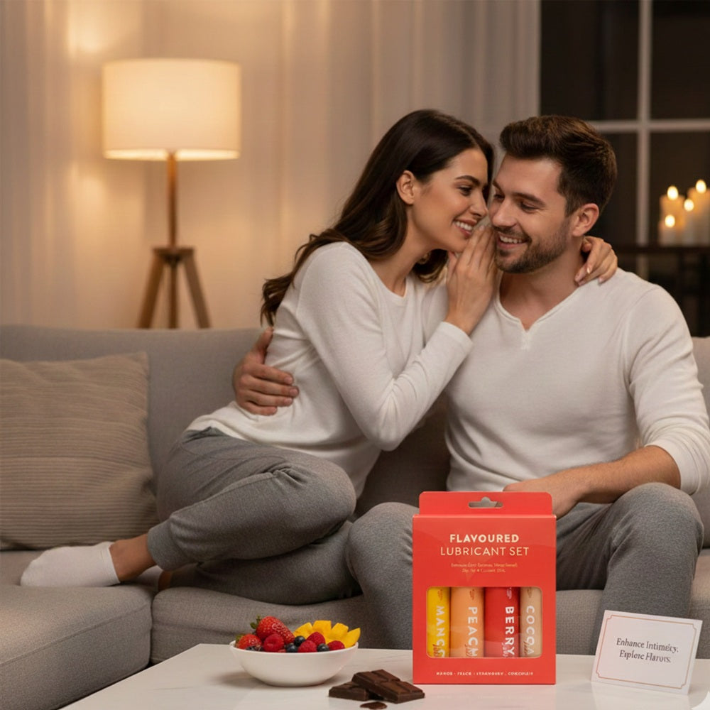 Intimi Loving Joy Flavoured Lubricant Set with four bottles, featuring playful packaging and colorful labels for intimate use.