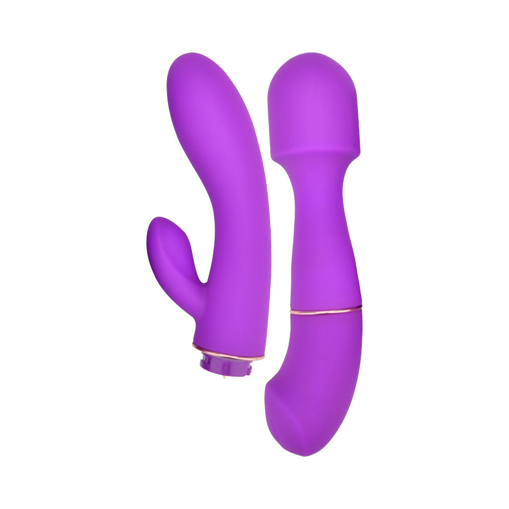 Loving Joy DUA interchangeable rabbit vibrator with two attachments, pink and black, featuring textured surfaces and ergonomic design.