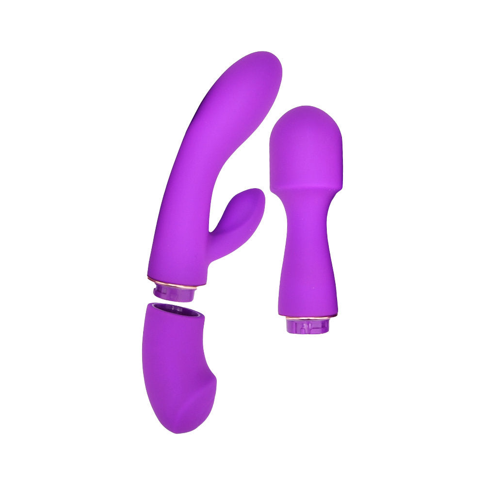 Loving Joy DUA rabbit vibrator with two interchangeable attachments, featuring sleek design and multiple stimulation options.