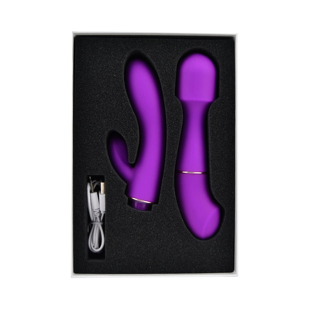 Loving Joy DUA interchangeable rabbit vibrator with two attachments, shown with textured and smooth attachment options.
