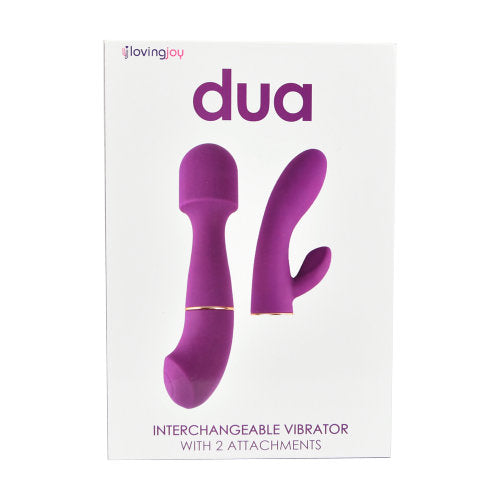 Loving Joy DUA interchangeable rabbit vibrator with two attachments, featuring a sleek design and multiple stimulation options.