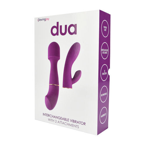 Loving Joy DUA interchangeable rabbit vibrator with two attachments, featuring sleek design and ergonomic controls.