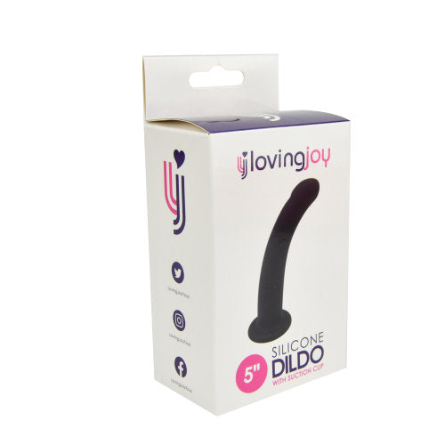 Loving Joy curved 5-inch silicone dildo with suction cup, strap-on compatible, for adult pleasure and intimate use.