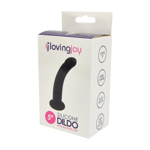 Loving Joy curved 5-inch silicone dildo with suction cup for strap-on use, featuring smooth texture and realistic shape.