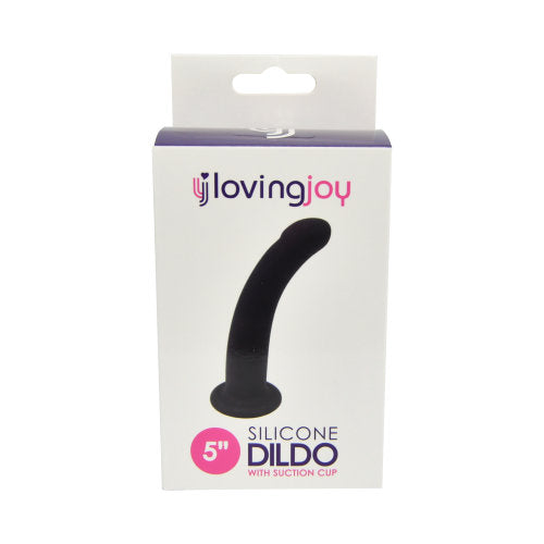 Loving Joy curved 5-inch silicone dildo with suction cup, designed for strap-on play, shown on a plain background.