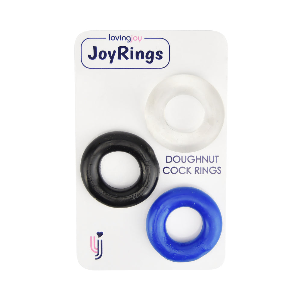 JoyRings Doughnut Cock Rings in a 3-pack, featuring colorful, flexible designs for comfort and pleasure.