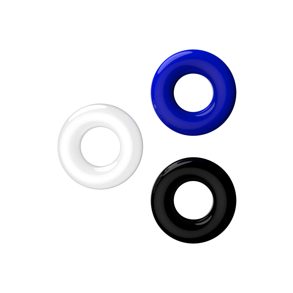 JoyRings doughnut cock rings in assorted colors, arranged in a pack of three on a neutral background.