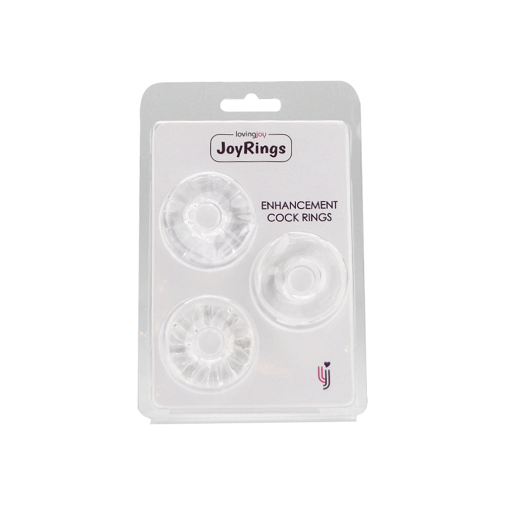 JoyRings Enhancement Cock Ring Set with three adjustable silicone rings for added pleasure and support.