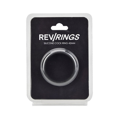 Silicone cock ring by REV, 42 mm diameter, designed for enhanced fit and comfort, shown in the package.
