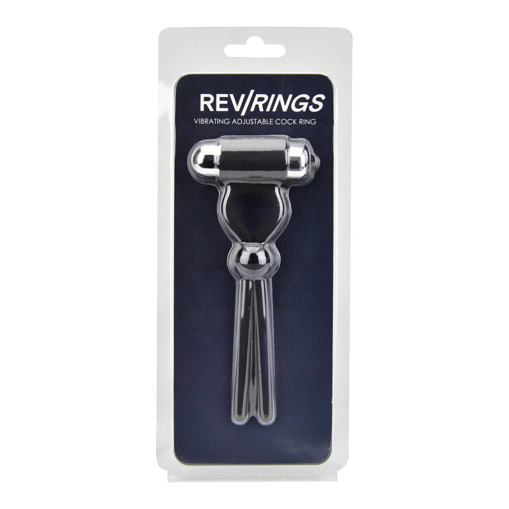 REV Rev-Rings vibrating adjustable cock ring, showing the sleek black design and packaging with product details.