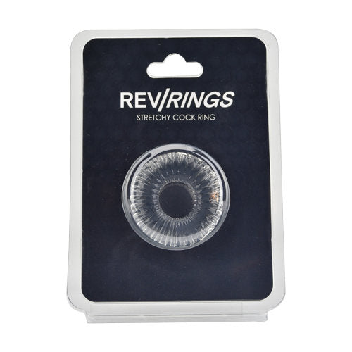 Rev-Rings stretchy cock ring by intimi in packaging, showcasing a flexible design for enhanced pleasure.