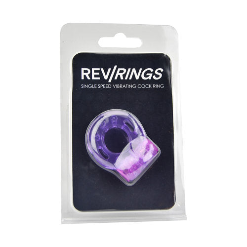 Rev-Rings Single Speed Vibrating Cock Ring in packaging, showcasing its sleek design and vibrating feature.