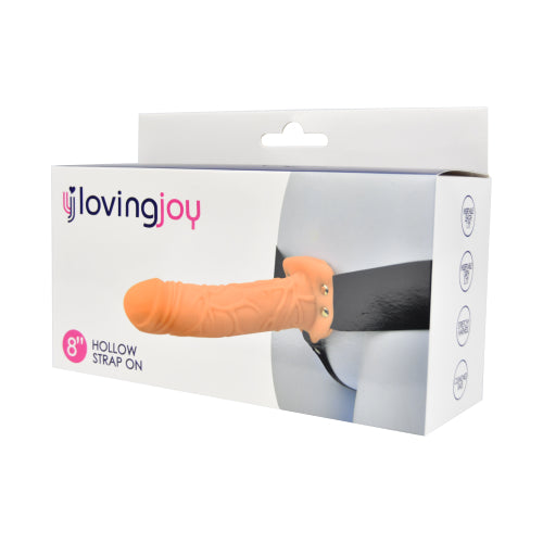 Loving Joy 8-inch hollow strap-on in vanilla color, with adjustable straps and realistic design for adult intimacy use.