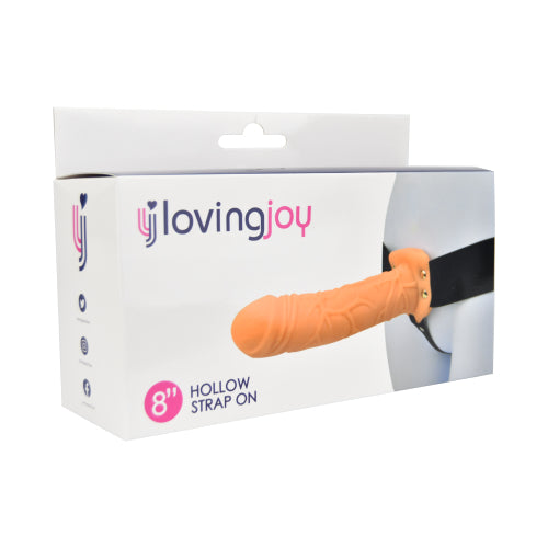 Loving Joy 8-inch hollow strap-on in vanilla, shown with the adjustable strap harness and realistic shaft for adult use.