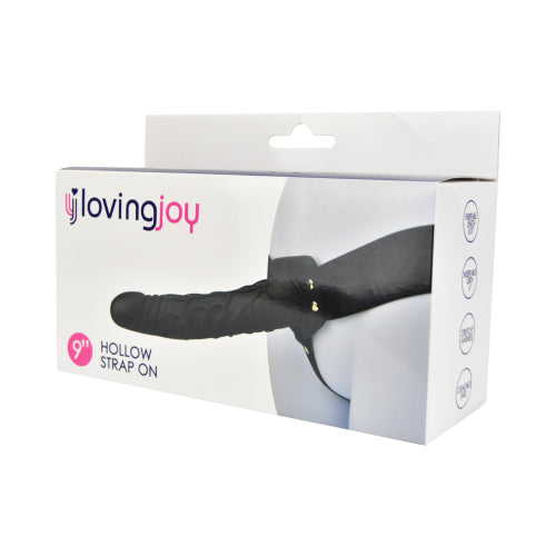 Loving Joy 9 inch hollow strap on in black, featuring realistic design and comfortable harness for versatile use.