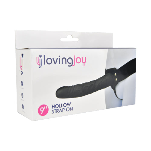 Loving Joy 9 inch hollow strap on in black, featuring a smooth texture and ergonomic design for comfortable use.