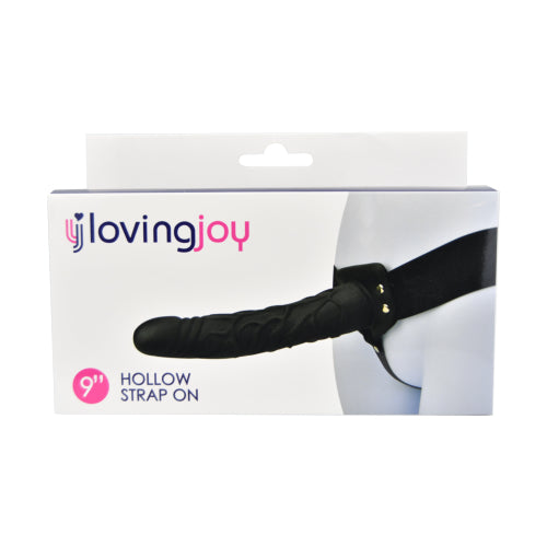 Loving Joy 9 inch hollow strap on in black, showcasing a realistic design and adjustable straps for comfortable use.
