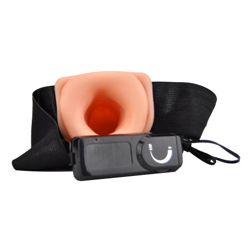 Loving Joy 8-inch vibrating hollow strap-on in vanilla color, with adjustable straps and textured surface for comfortable wear.