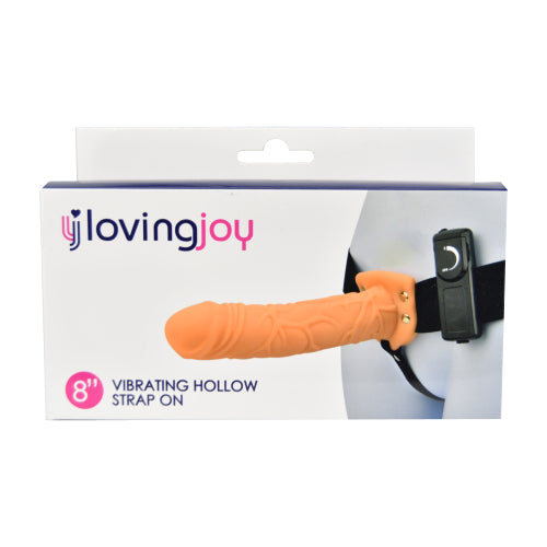 Loving Joy 8-inch vibrating hollow strap-on in vanilla color, featuring adjustable straps and textured shaft for enhanced pleasure.