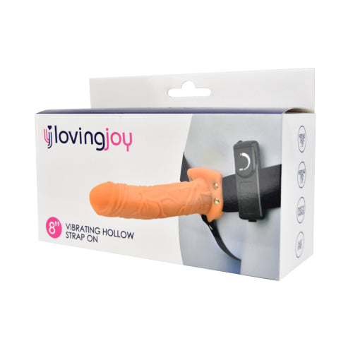 Loving Joy 8-inch vibrating hollow strap-on in vanilla color, adjustable straps and realistic design for adult pleasure.