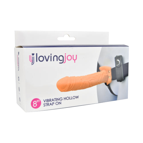 Loving Joy 8-inch vibrating hollow strap-on with adjustable straps and vanilla color, designed for comfortable wear.