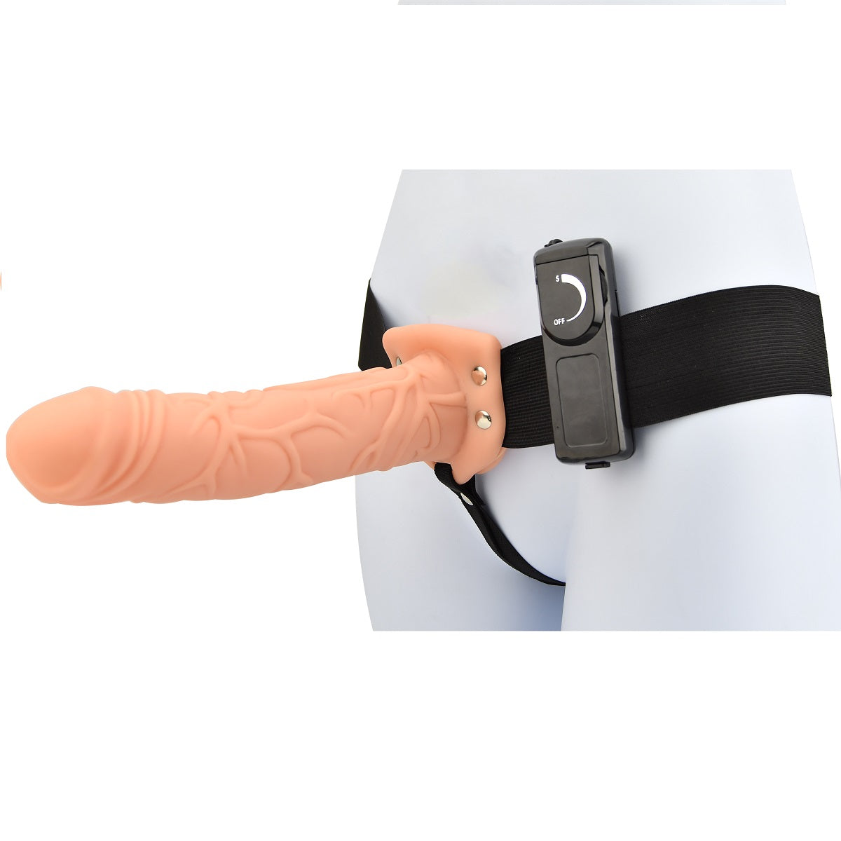 Loving Joy 8-inch vibrating hollow strap-on in vanilla color, with adjustable straps and textured surface for comfort and pleasure.
