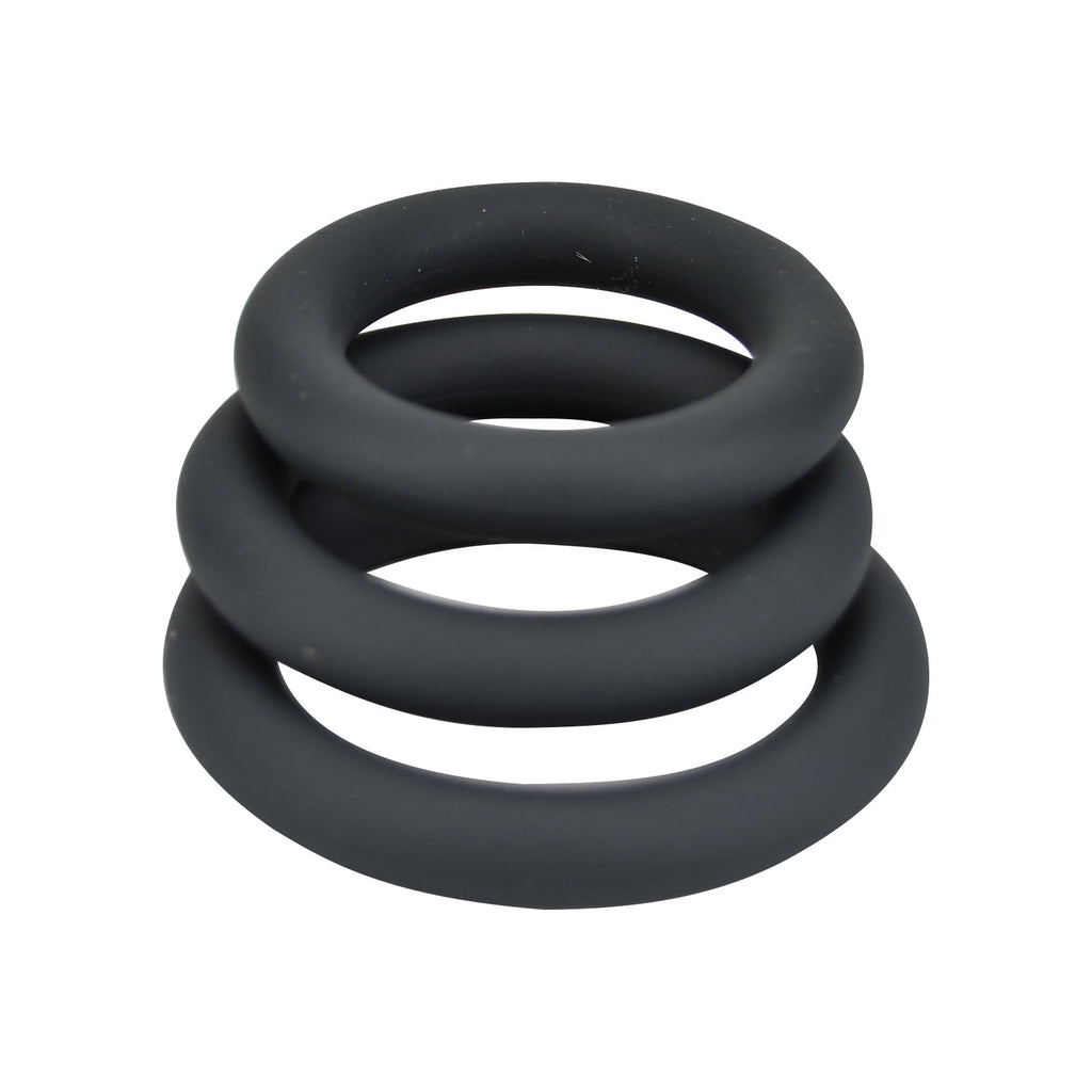 Three grey silicone cock rings from loving Joy, thick and stretchy, designed for intimate enhancement, by intimi.