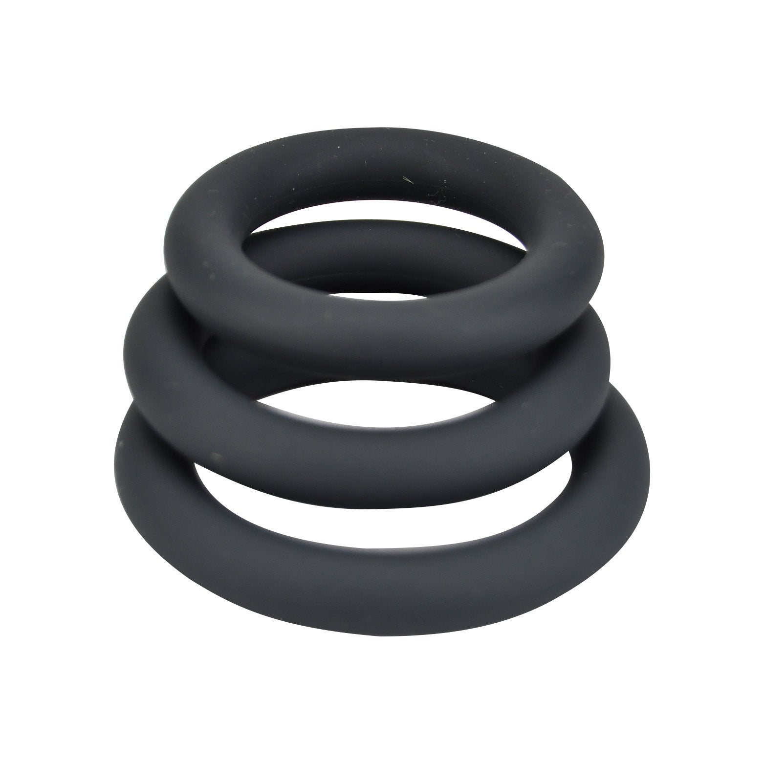 Three grey silicone cock rings from loving Joy, thick and stretchy, designed for intimate enhancement, by intimi.