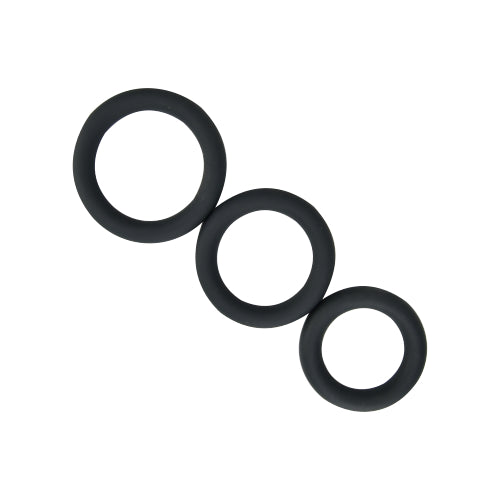 Set of three grey Loving Joy thick silicone cock rings by intimi, showing close-up of stretchy, smooth silicone rings for adult use.