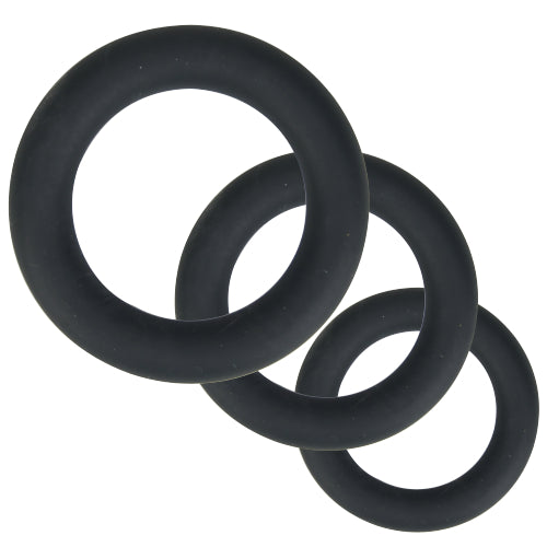 Set of three grey thick silicone cock rings by Intimi, designed for enhanced pleasure and comfort.