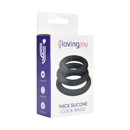 Set of three grey Loving Joy thick silicone cock rings by intimi, shown in their packaging, designed to enhance intimacy and pleasure.