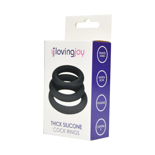 Set of three grey Loving Joy thick silicone cock rings by intimi, arranged in packaging for adult pleasure.