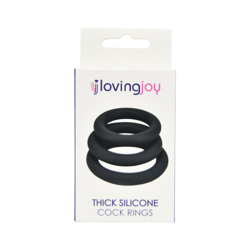 Set of three grey Loving Joy thick silicone cock rings by intimi, displayed in packaging.