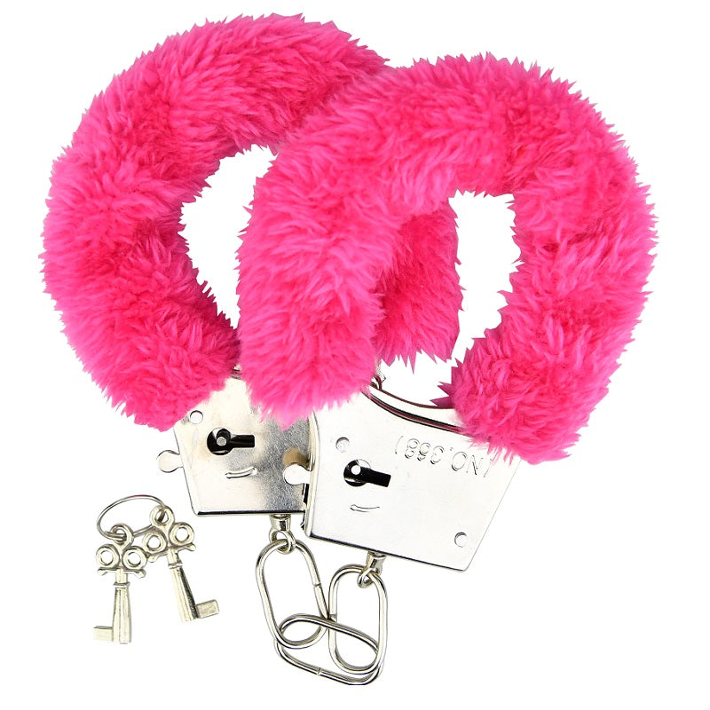Pink furry bondage restraints by Intimi, Loving Joy Furry Handcuffs designed for comfortable, playful bondage experiences.