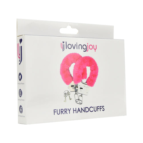 Pink furry handcuffs from Loving Joy bondage restraints by intimi, shown with soft pink fur and metal cuffs for restraint.