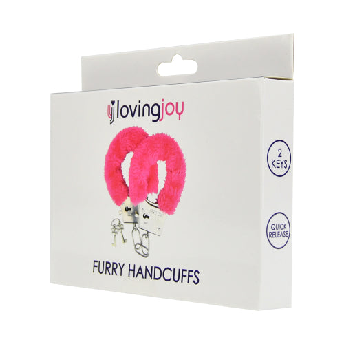 Pink furry Loving Joy Furry Handcuffs by intimi, bondage restraints with soft fur and metal cuffs, designed for intimate restraint.