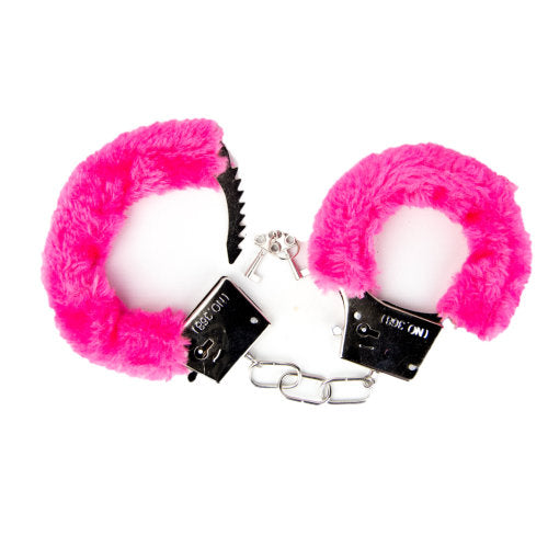 Pink furry bondage restraints called Loving Joy Furry Handcuffs by intimi, shown on a white background.