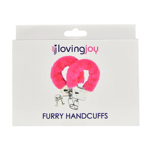 Pink furry handcuffs from Loving Joy bondage restraints by intimi, featuring soft plush material and secure locking design.