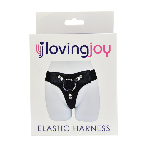 Loving Joy elastic harness designed for strap-on use, featuring adjustable straps and a sleek, comfortable fit.