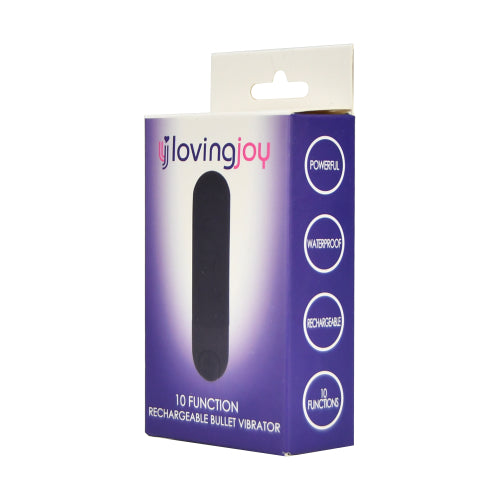 Black Loving Joy 10-function rechargeable bullet vibrator with sleek design, compact and versatile for personal pleasure.