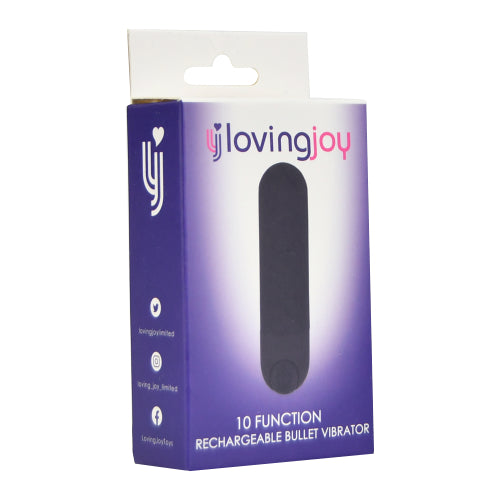 Black Loving Joy 10-function rechargeable bullet vibrator with compact design and textured surface for versatile pleasure.
