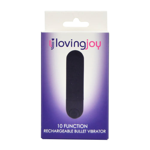 Black Loving Joy 10-function rechargeable bullet vibrator, compact personal massager with multiple vibration settings.