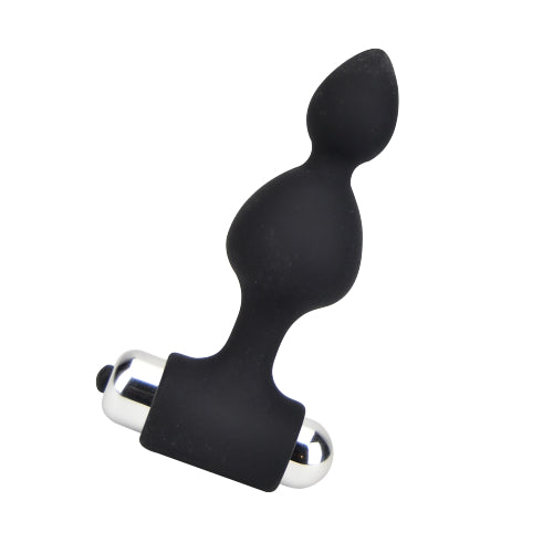 Loving Joy 10-function vibrating anal beads in black, with a sleek design and control button for varied pleasure options.