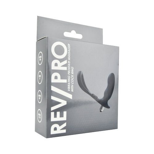 Rev Pro vibrating prostate massager with cock ring, featuring sleek design and ergonomic shape for targeted stimulation.