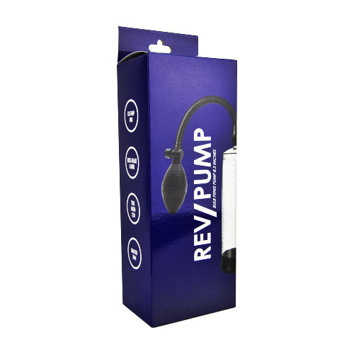 Rev Penis Pump with bulb, 8.5 inches, designed for male enhancement, showcasing its sleek design and functional features.