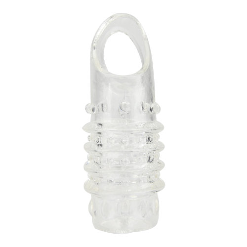 REV Rev-Sleeves textured penis sleeve with ball loop, shown on a model, designed for enhanced pleasure and comfort.