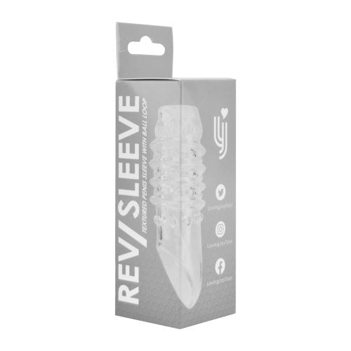 Rev REV textured penis sleeve with ball loop, showcasing the realistic design and snug fit for enhanced pleasure.